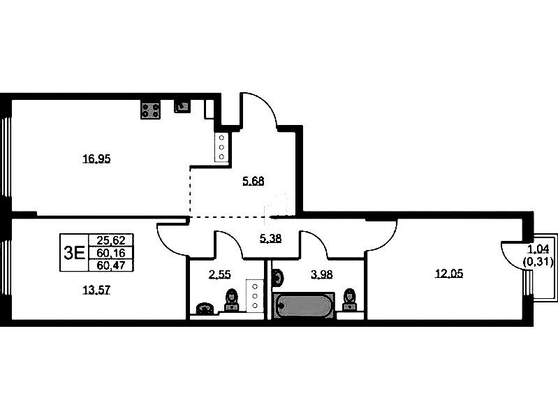 2-комнатная квартира 60.47 м², 9/11 эт., ЖК «Новое Колпино»